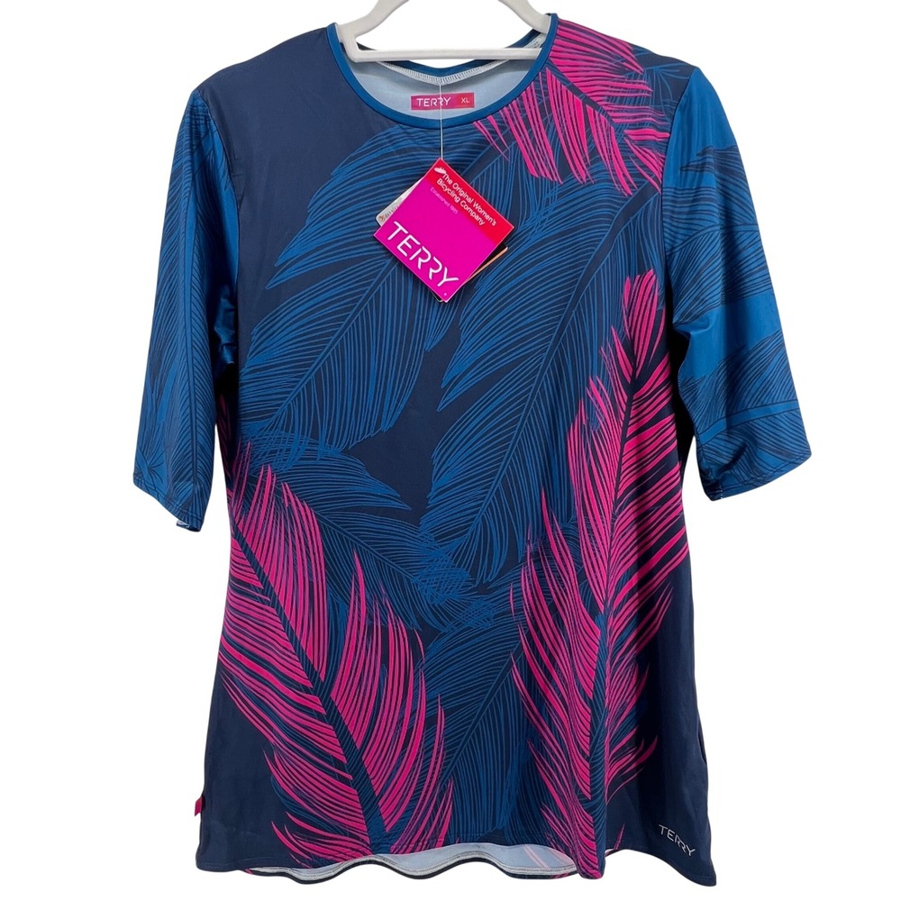 NWT Terry Bicycles Womens XL Cycling Jersey Navy Pink Palm Leaf UPF 50+ Half Slv